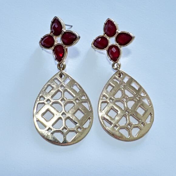 Unknown Jewelry - Lattice Dangle Earrings Pierced Ruby Red Faux Stones Drop Goldtone Intricate